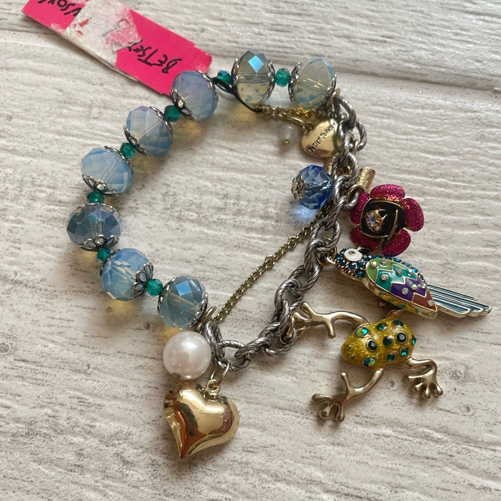 Betsey Johnson Gold and Blue Charm Bracelet with a frog and parrot